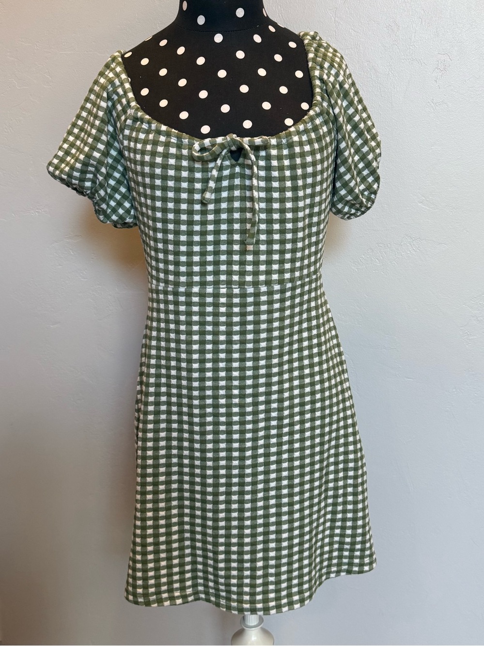 Madewell Green Gingham Tie-Front Puff Sleeve Mini Dress